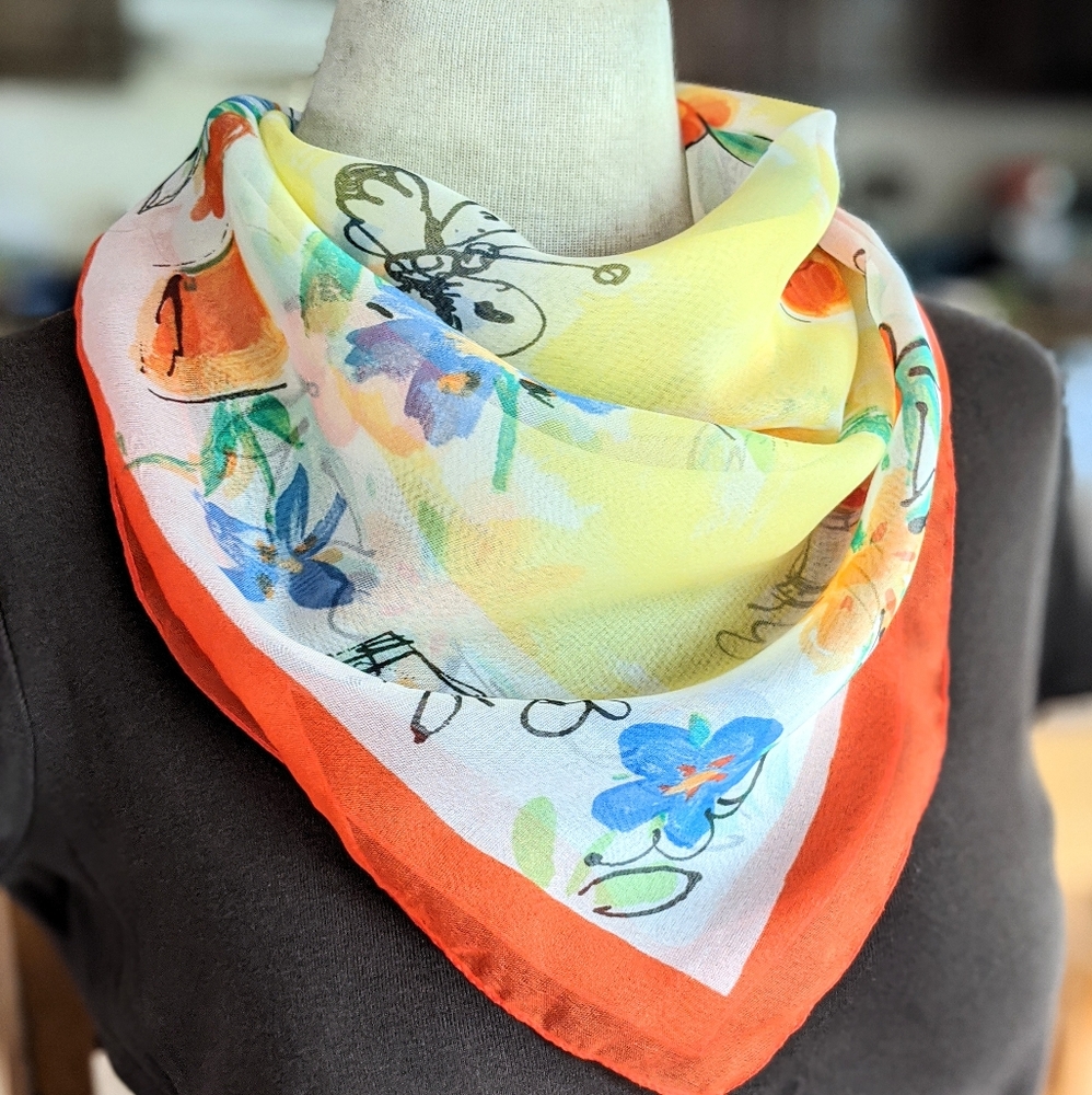 Orange & White Sheer Square Floral Scarf